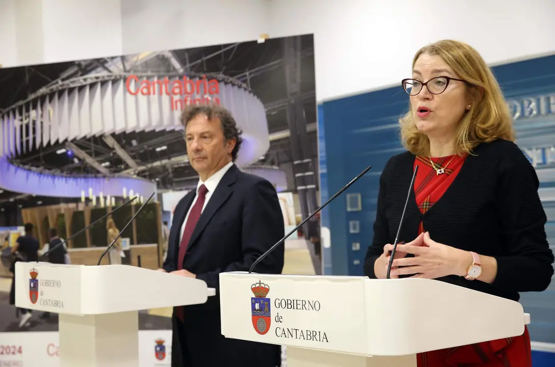 Los consejeros de Cultura, Turismo y Deporte, Eva Guillermina Fernández y de Desarrollo Rural, Ganadería, Pesca y Alimentación, Pablo Palencia, presentan la programación del stand de Cantabria en Fitur 2024. 
16 ene 24