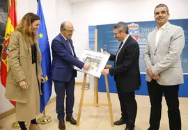 El consejero de Industria, Turismo, Innovaci&oacute;n, Transporte y Comercio, Javier L&oacute;pez Marcano, y el delegado de la ONCE en Cantabria, presentan, en rueda de prensa, el cup&oacute;n especial de la ONCE que se emitir&aacute; el 16 de abril con motivo de la apertura de la Puerta del Perd&oacute;n del A&ntilde;o Santo Lebaniego.
11 abrl 23
