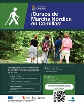 Cartel informativo de los cursos gratuitos de marcha n&oacute;rdica que ofrecer&aacute; Comillas durante el mes de junio
